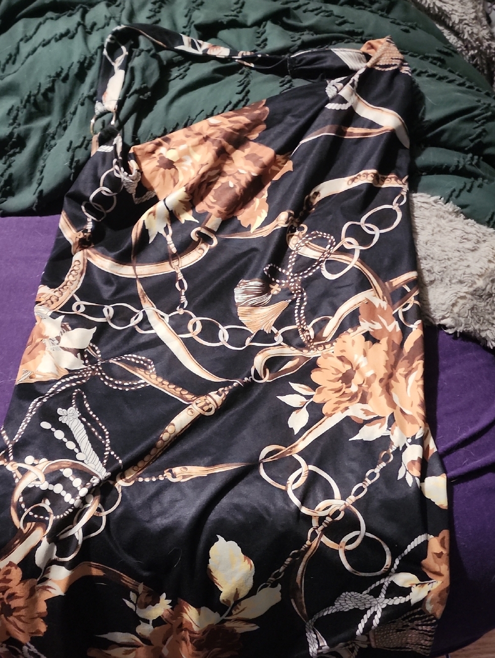 SHEIN One-Shoulder Black Dress with Gold Floral & Chain Print